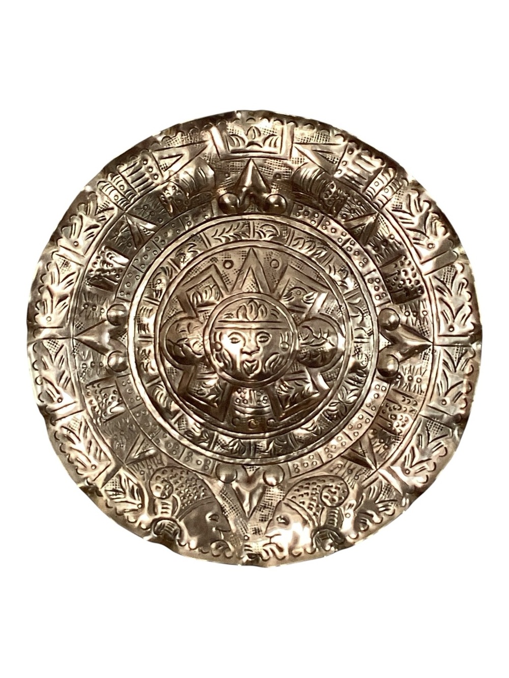 Hammered Brass Mayan Sun God Face And Aztec Calendar Design Hanging Wall Art VTG